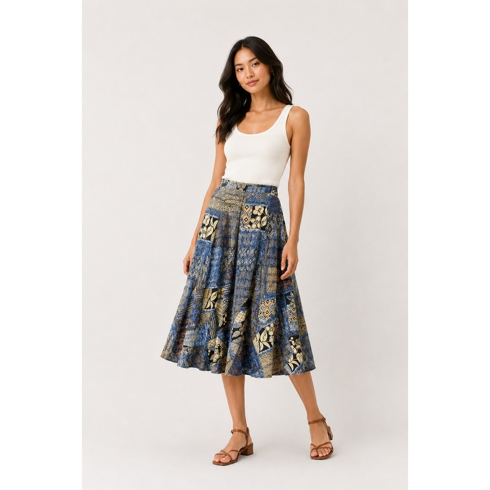 Chico's Sz 1 Blue Patchwork Batik Print Cotton Midi Skirt Boho Geometric A-Line